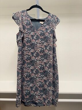 LOFT Dusty Blue Pink Floral V-Neck Ruffle Sleeve Dress
